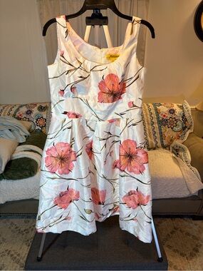 Sleeveless White Midi Dress with Pink Floral Print